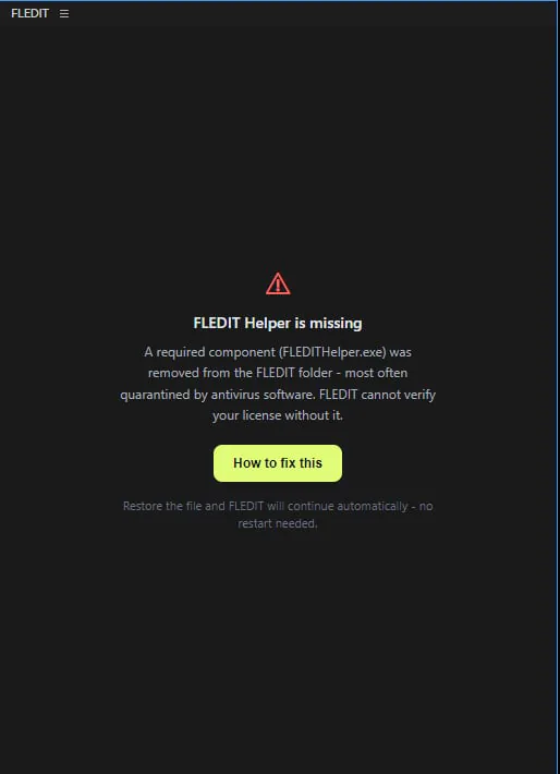 Panel FLEDIT z komunikatem FLEDIT Helper is missing
